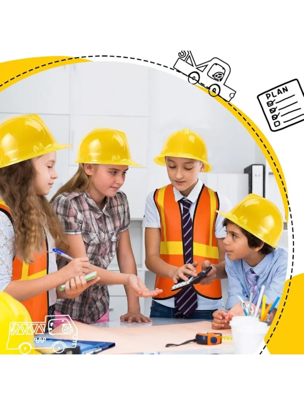 48 Pcs Kids Construction Vests & Hats Set for Birthday, Halloween, Dress-Up Fun